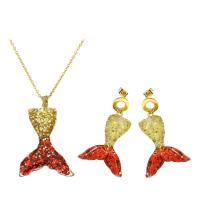 Fashion Stainless Steel Jewelry Sets, earring & necklace, with Acrylic, Mermaid tail, 2 pieces & fashion jewelry & for woman, golden, 47*29*37mm,32*46mm, Length:19 Inch, Sold By Set