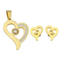 Ensemble bijoux strass en acier inoxydable, Boucle d’oreille stud & pendentif, coeur, 2 pièces & bijoux de mode & pour femme & avec strass, doré, 24*41*5mm, 12*14*13mm, Vendu par fixé