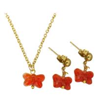 Fashion Stainless Steel Jewelry Sets, earring & necklace, with Stone, Butterfly, 2 pieces & fashion jewelry & for woman, red, 12*11mm, 19*12*11mm, Length:20 Inch, Sold By Set
