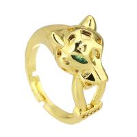Латунь Открыть палец кольцо, Леопард, плакирован золотом, инкрустированное микро кубического циркония, размер:7, продается PC