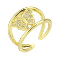 Латунь Манжеты палец кольцо, плакирован золотом, Регулируемый & дизайн бабочки & инкрустированное микро кубического циркония & отверстие, размер:7, продается PC