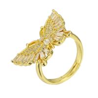Латунь Открыть палец кольцо, бабочка, плакирован золотом, Регулируемый & инкрустированное микро кубического циркония, размер:7, продается PC