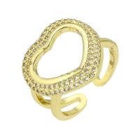 cobre Cuff Ring Finger, Coração, cromado de cor dourada, Ajustável & micro pavimento em zircônia cúbica & vazio, tamanho:7, vendido por PC