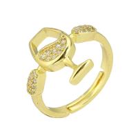 Mässing Öppen finger ring, guldfärg pläterade, Justerbar & micro bana cubic zirconia, Storlek:7, Säljs av PC