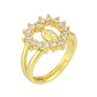 Латунь Открыть палец кольцо, плакирован золотом, Регулируемый & инкрустированное микро кубического циркония & отверстие, размер:7, продается PC