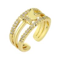 Латунь Открыть палец кольцо, плакирован золотом, Регулируемый & инкрустированное микро кубического циркония & отверстие, размер:7, продается PC