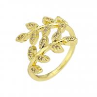 Латунь Открыть палец кольцо, Листок, плакирован золотом, Регулируемый & инкрустированное микро кубического циркония, размер:7, продается PC