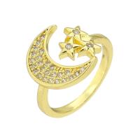 cobre Cuff Ring Finger, Lua e estrela, cromado de cor dourada, Ajustável & micro pavimento em zircônia cúbica, tamanho:7, vendido por PC