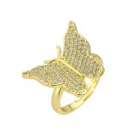 Латунь Открыть палец кольцо, бабочка, плакирован золотом, Регулируемый & инкрустированное микро кубического циркония, размер:7, продается PC