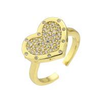 Латунь Манжеты палец кольцо, Сердце, плакирован золотом, Регулируемый & инкрустированное микро кубического циркония, размер:7, продается PC