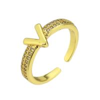 cobre Cuff Ring Finger, cromado de cor dourada, Ajustável & micro pavimento em zircônia cúbica, tamanho:7, vendido por PC