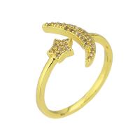 Латунь Манжеты палец кольцо, Луна и звезды, плакирован золотом, Регулируемый & инкрустированное микро кубического циркония, размер:7, продается PC