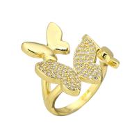 Латунь Манжеты палец кольцо, бабочка, плакирован золотом, Регулируемый & инкрустированное микро кубического циркония, размер:7, продается PC