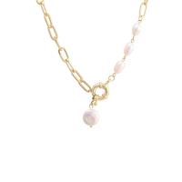 Freshwater Pearl Brass Chain Necklace, cobre, with pérola, cromado de cor dourada, para mulher, 25mm, comprimento Aprox 19.49 inchaltura, vendido por PC