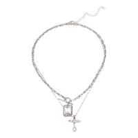 Zinc Alloy Jewelry Necklace with Cubic Zirconia with 3.94Inch extender chain silver color plated Double Layer & for woman & with rhinestone nickel lead & cadmium free 30mm 25mm Length Approx 16.34 Inch Approx 18.7 Inch Sold By PC