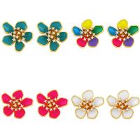 Brass Stud Earring, Flower, gold color plated, micro pave cubic zirconia & enamel, more colors for choice, nickel, lead & cadmium free, 22x20mm, Sold By Pair
