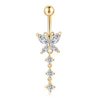Brass Belly Ring  , with Stainless Steel, butterfly design & micro pave cubic zirconia & for woman, more colors for choice, 42x12mm, Sold By PC