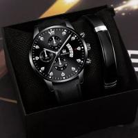 Tibetan Style Jewelry Sets, wrist wreath & watch, with PU Leather & Glass & Stainless Steel, 2 pieces & waterproofless & for man, black, 240x20mm, Sold By Set