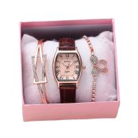 Zinc Alloy Jewelry Sets with PU Leather & Stainless Steel Chinese Movement watch movement 3 pieces & waterproofless & for woman & with rhinestone rose gold color plated Sold By Set