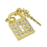 Cubic Zirconia Micro Pave Brass Pendant, Lock and Key, gold color plated, fashion jewelry & DIY & micro pave cubic zirconia & for woman, golden, 9*13*2mm,4*14*2mm, Hole:Approx 2mm, 10PCs/Lot, Sold By Lot