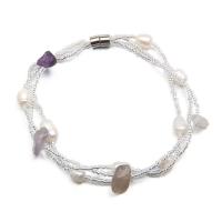 Freshwater Cultured Pearl Bracelet Seedbead with Gemstone & Freshwater Pearl & Zinc Alloy silver color plated fashion jewelry & multilayer 6-7mm Sold Per 18.5 cm Strand