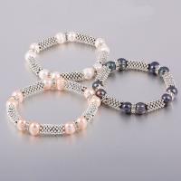 Freshwater Cultured Pearl Bracelet, Tibetan Style, with Freshwater Pearl, silver color plated, fashion jewelry & with rhinestone, more colors for choice, 8mm,6mm,15x20mm, Sold Per 19 cm Strand