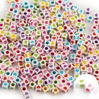 Volltonfarbe Acryl Perlen, Quadrat, mit einem Muster von Herzen & Emaille, keine, 6.70x6.70mm, ca. 100PCs/Tasche, verkauft von Tasche