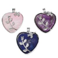 Gemstone Vedhæng Smykker, Messing, med Ædelsten, Heart, flere farver til valg, 36x34x10mm, Solgt af PC