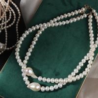Natural Freshwater Pearl Necklace, with 14K Gold, with 1.97 extender chain, high quality plated, fashion jewelry, white, 7-8mm, Length:15.75 Inch, Sold By PC