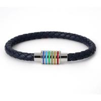 PU Leather Cord Bracelets with Stainless Steel silver color plated fashion jewelry & woven pattern & enamel Length 18 cm Sold By PC