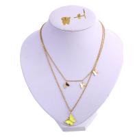 Fashion Stainless Steel Jewelry Sets, Stud Earring & necklace, Butterfly, gold color plated, Double Layer & for woman, 14*9*2mm,17*20*3mm, Length:Approx 17.72 Inch, Sold By Set