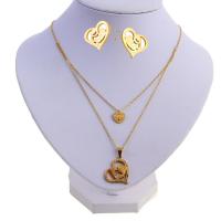 Fashion Stainless Steel Jewelry Sets, Stud Earring & necklace, Heart, gold color plated, Double Layer & micro pave cubic zirconia & for woman, Length:Approx 17.72 Inch, Sold By Set
