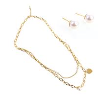 Fashion Stainless Steel Jewelry Sets Stud Earring & necklace with Plastic Pearl with 1.18inch extender chain gold color plated for woman 10*10*20mm 15*12*2mm Length Approx 17.72 Inch Sold By Set