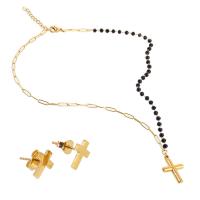 Fashion Stainless Steel Jewelry Sets Stud Earring & necklace with Crystal with 1.97inch extender chain Cross gold color plated for woman 12*10*7mm 23*16*4mm Length Approx 17.72 Inch Sold By Set