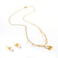 Fashion Stainless Steel Jewelry Sets, Stud Earring & necklace, with Plastic Pearl, Lock, gold color plated, for woman, 20*8*8mm,20*13*5mm, Length:Approx 17.72 Inch, Sold By Set