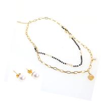 Fashion Stainless Steel Jewelry Sets Stud Earring & necklace with Crystal & Plastic Pearl with 1.97inch extender chain gold color plated Double Layer & for woman 20*8*8mm 15*12*2mm Length Approx 17.72 Inch Sold By Set