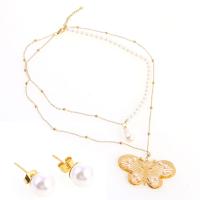 Fashion Stainless Steel Jewelry Sets Stud Earring & necklace with Plastic Pearl with 1.97inch extender chain Butterfly gold color plated Double Layer & for woman 20*8*8mm 32*55*3mm Length Approx 17.72 Inch Sold By Set