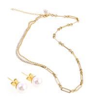 Fashion Stainless Steel Jewelry Sets, Stud Earring & necklace, with Plastic Pearl, with 1.97inch extender chain, gold color plated, for woman, 20*8*8mm,13*9*9mm, Length:Approx 17.72 Inch, Sold By Set