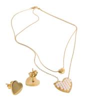 Fashion Stainless Steel Jewelry Sets, Stud Earring & necklace, with Plastic Pearl, Heart, gold color plated, for woman, 13*10*10mm,27*30*6mm, Length:Approx 17.72 Inch, Sold By Set