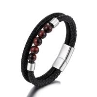 Cowhide Bracelet, with Red Tiger Eye Stone & Titanium Steel, plated, Unisex, more colors for choice, Length:Approx 8.27 Inch, Sold By PC