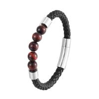 Cowhide Bracelet with Red Tiger Eye Stone & Titanium Steel plated Unisex Length Approx 8.27 Inch Sold By PC