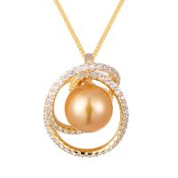 925 Sterling Silver Pearl Necklace Akoya Cultured Pearls with 925 Sterling Silver gold color plated micro pave cubic zirconia & for woman golden 11-12mm Length Approx 15.75 Inch Sold By PC
