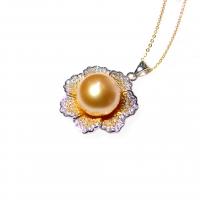 Akoya Cultured Pearls Necklace, with 925 Sterling Silver, Flower, micro pave cubic zirconia & for woman, golden, 13-14mm, Length:Approx 15.75 Inch, Sold By PC