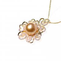 Perlas Cultivadas de Akoya collar, con Plata de ley 925, Flor, micro arcilla de zirconia cúbica & para mujer, dorado, 11-12mm, longitud aproximado 15.75 Inch, Vendido por UD