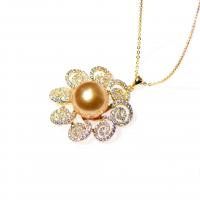 perles Akoya cultivées collier, avec Argent sterling 925, fleur, pavé de micro zircon & pour femme, doré, 11-12mm, Longueur:Environ 15.75 pouce, Vendu par PC