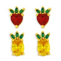 Cubic Zircon (CZ) Stud Earring, Brass, Fruit, gold color plated, fashion jewelry & micro pave cubic zirconia, more colors for choice, nickel, lead & cadmium free, 11x8mm,13x7mm, Sold By Pair