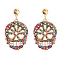 Rhinestone Earring, Tibetan Style, Skull, gold color plated, for woman & with rhinestone & hollow, more colors for choice, 33x62mm, Sold By Pair