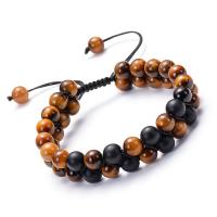 Gemstone Woven Ball Bracelets, Tiger Eye, with Abrazine Stone, handmade, Double Layer & Unisex, 8mm, Length:Approx 7.5-11.8 Inch, Sold By PC