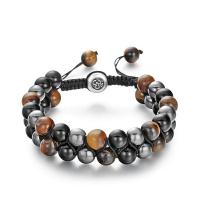 Gemstone Woven Ball Bracelets Black Agate with Black Magnetic Stone & Tiger Eye handmade Double Layer & Unisex 8mm Length Approx 7.5-11.5 Inch Sold By PC
