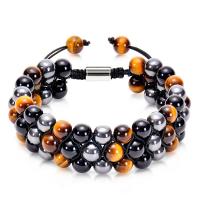 Bracelets Woven Ball pierres précieuses, agate noire, avec oeil de tigre & Hématite, fait à la main, multicouche & unisexe, 8mm, Longueur:Environ 7.5-11.8 pouce, Vendu par PC